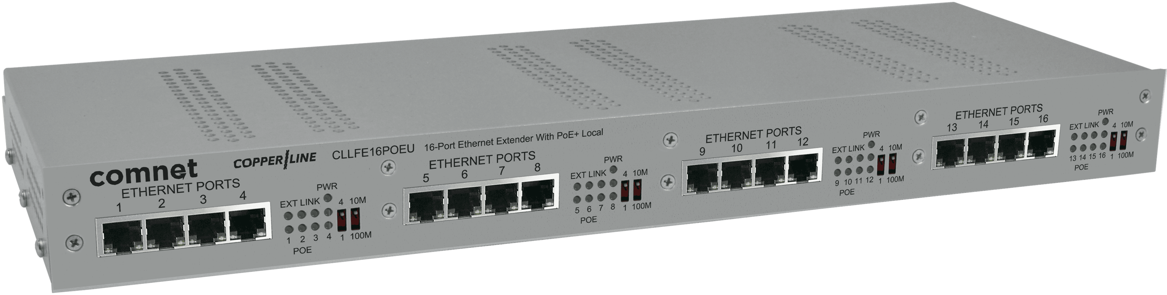 Ethernet Extender over Coax, Local, at PoE Passthrough Supported, 16-Channel